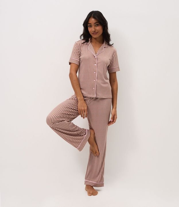 Pijama Larga Americana en Rib con Estampado de Cuadros Vichy 1