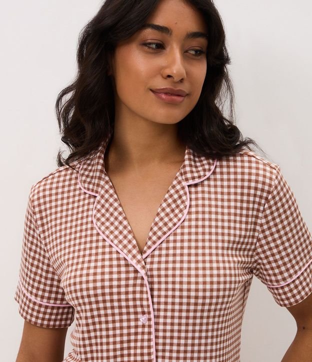 Pijama Larga Americana en Rib con Estampado de Cuadros Vichy 3