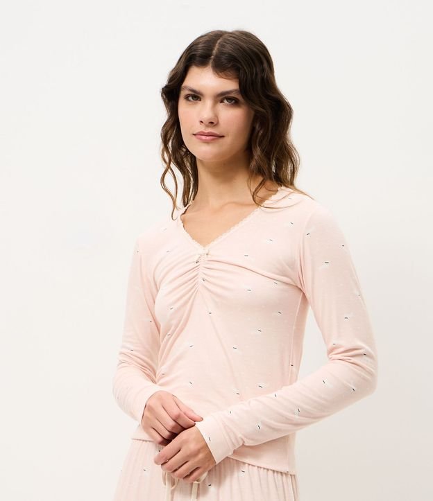 Blusa de Pijama Larga en Viscolycra con Estampa de Perritos