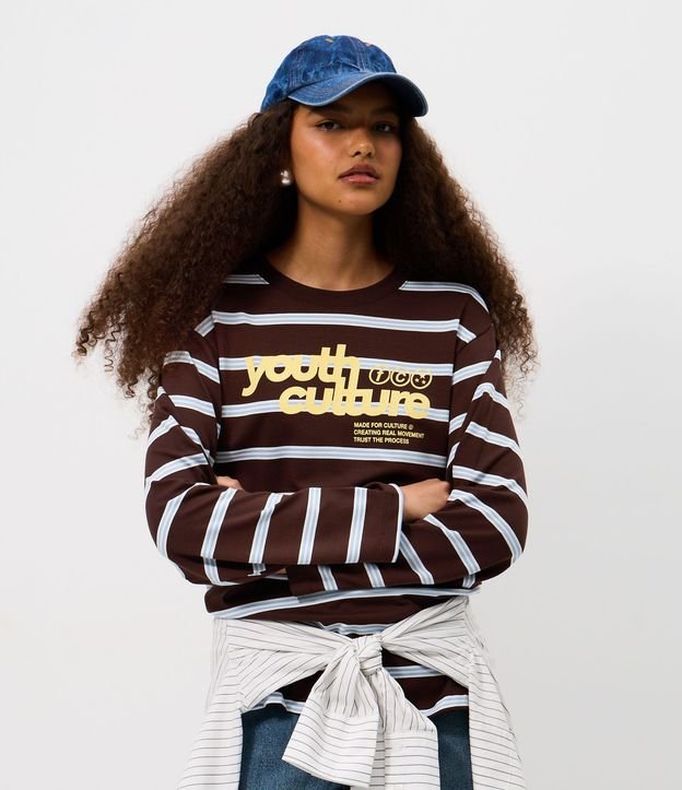Blusa Rayada en Algodón con Lettering y Manga Larga