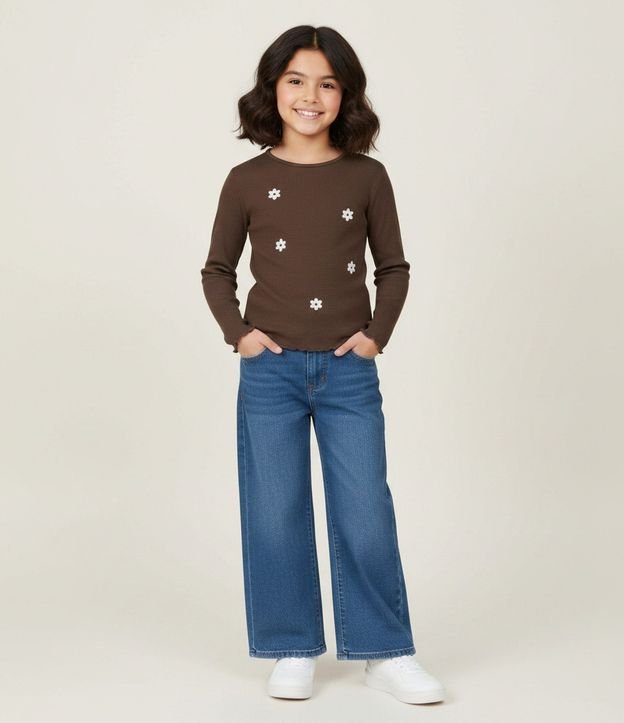 Blusa Infantil Acanalada con Flores Bordado – Talle 5 a 14 años