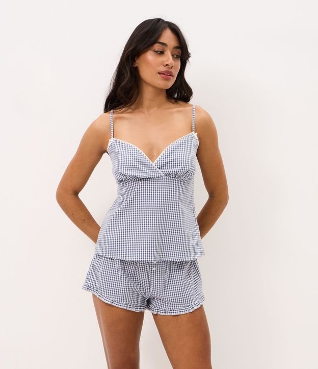 Pijama Short Doll en Algodón con Estampa de Cuadros y Escote Corazón 1