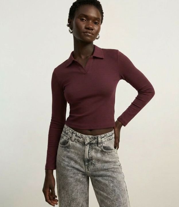 Blusa Polo en Rib de Algodón con Mangas Largas