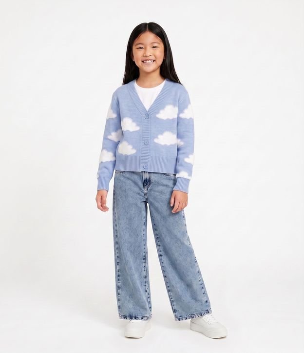 Cardigan Infantil en Punto con Estampa de Nubes - Talle 7 a 14 años