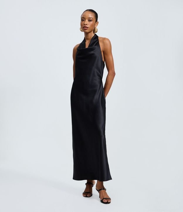 Vestido New Midi en Satén con Escote Degagê