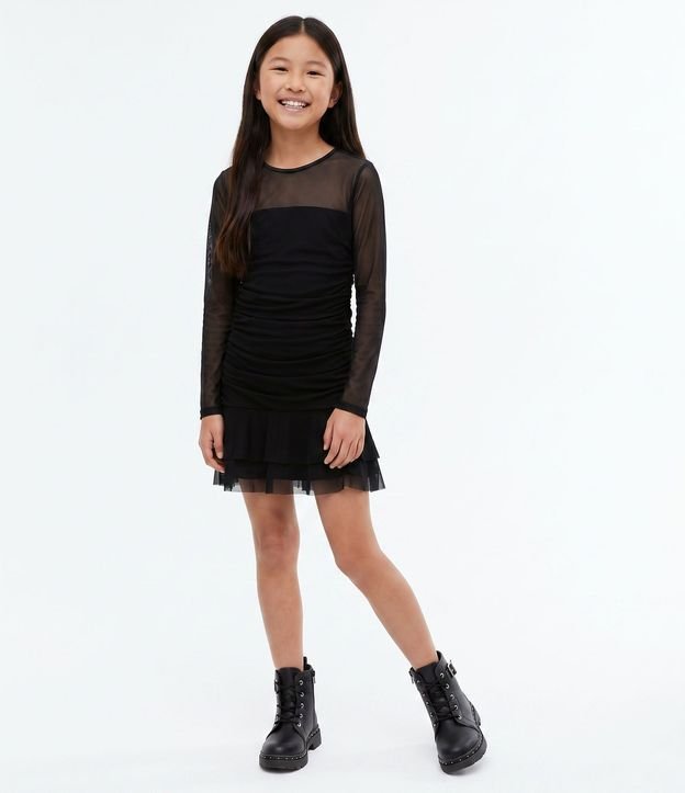 Vestido Infantil en Tule con Manga Larga y Fruncido – Talle 5 a 14 años