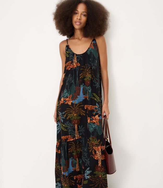 Vestido Largo en Viscolino con Escote U y Estampado Tropical