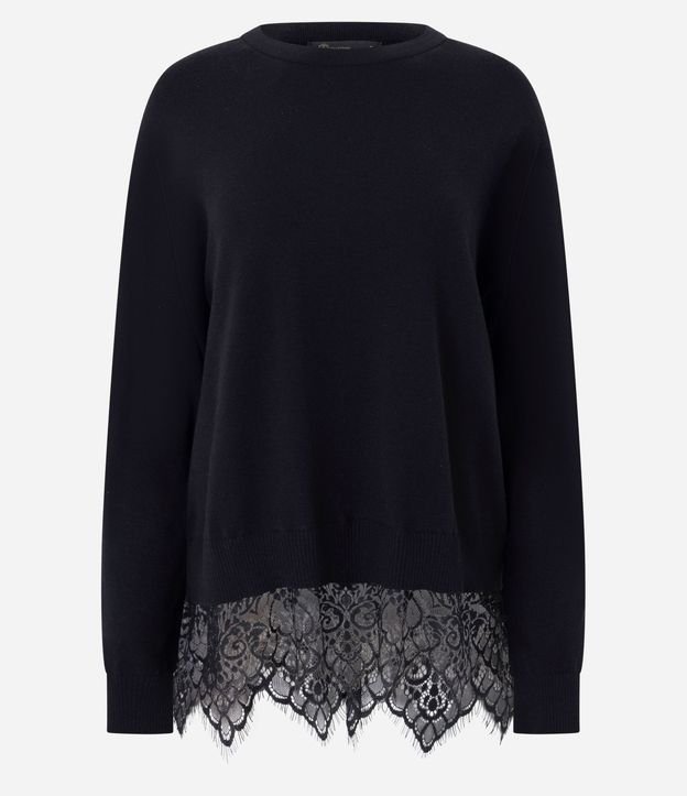 Blusa en Punto con Aplicación de Encaje en el Ruedo