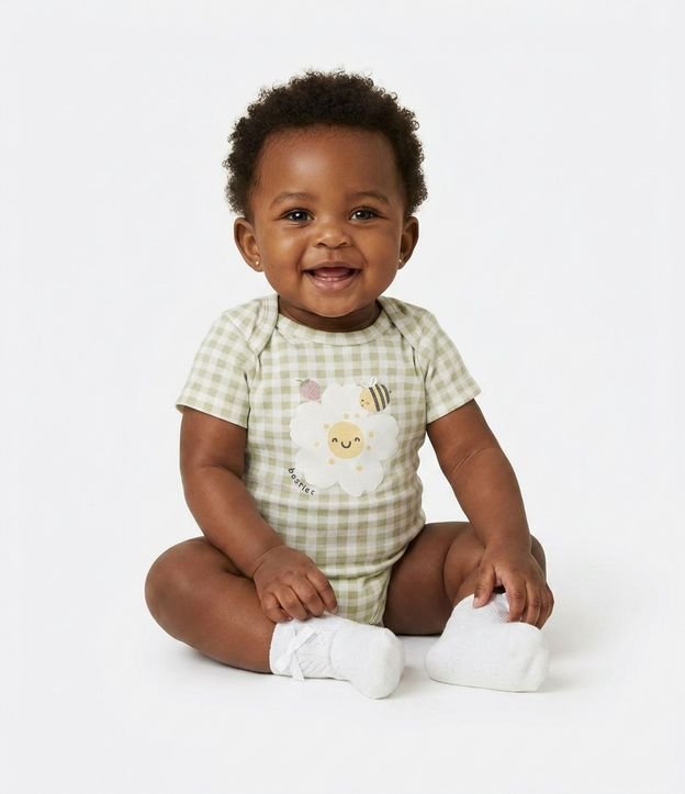 Body Bebé en Algodón con de Cuadros Vichy y Estampado Floral con Abeja- Talle RN a 18 meses