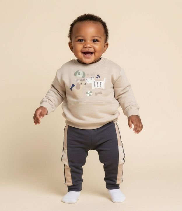Buzo Bebé en Algodón con Felpa Estampada de Perro – Talle 0 a 18 Meses