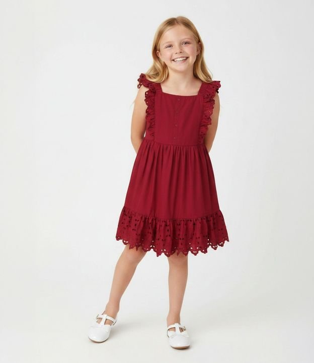 Vestido Viscosa corto Infantil con Broderie y Botones - Talle 5 a 14 años 1