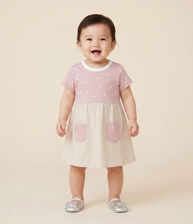 Vestido Infantil en Algodón con Estampado Corazones y Bolsos – Talle 0 a 18 Meses
