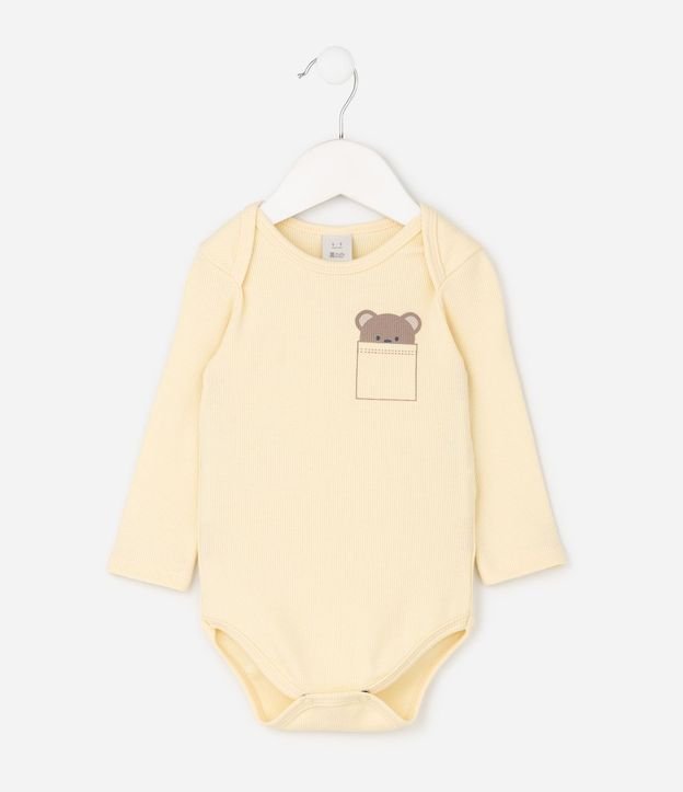 Body Infantil Canelado con Estampado de Pequeño Bolsillo Oso – Talle 0 a 18 Meses