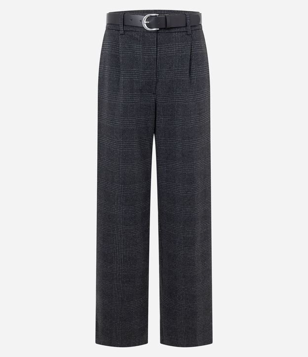 Pantalón Recto en Punto Roma con Estampa de Cuadros y Cinturón 1