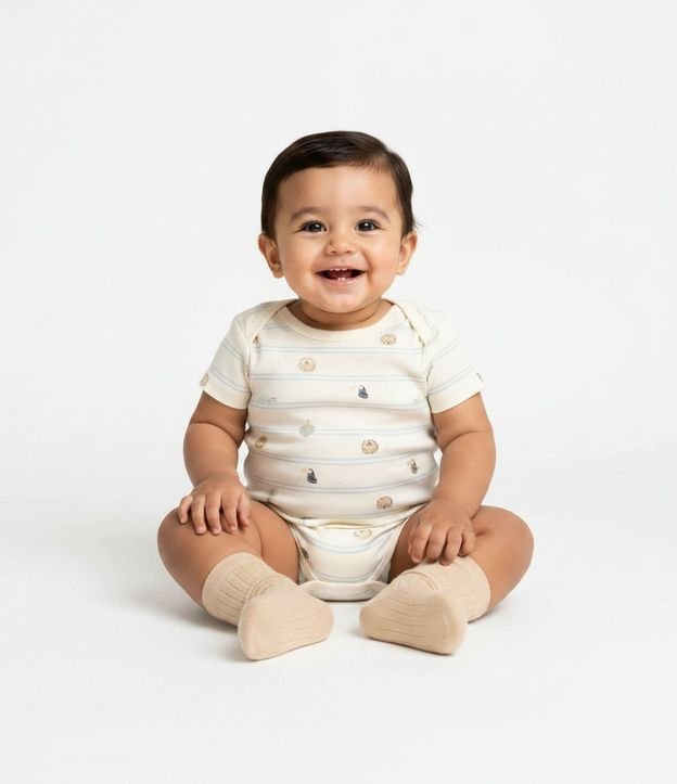 Body Bebê Listrado con Estampado Íconos Fauna – Talle 0 a 18 Meses