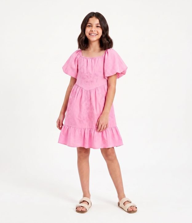Vestido Infantil con Bordado y Mangas Abullonadas - Talle 5 a 16 años 1