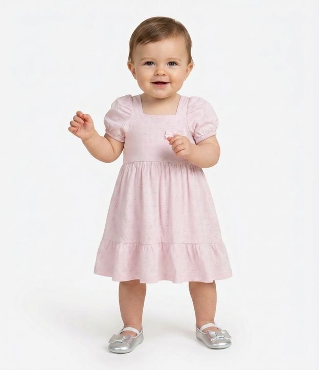 Vestido en Algodón con Lazo y Pollera en Capas Infantil - Talle 0 a 18 Meses