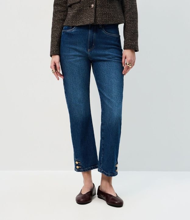 Pantalón Recto Cropped Jeans con Cintura Alta y Botones en el Ruedo 3