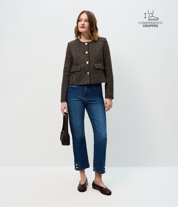 Pantalón Recto Cropped Jeans con Cintura Alta y Botones en el Ruedo