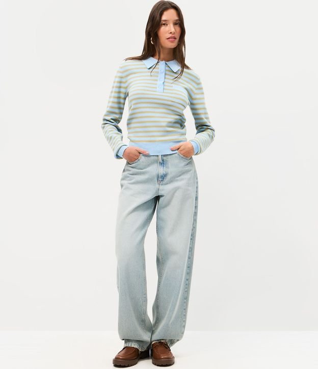 Blusa en Punto Rayada con Cuello Polo y Botones 3