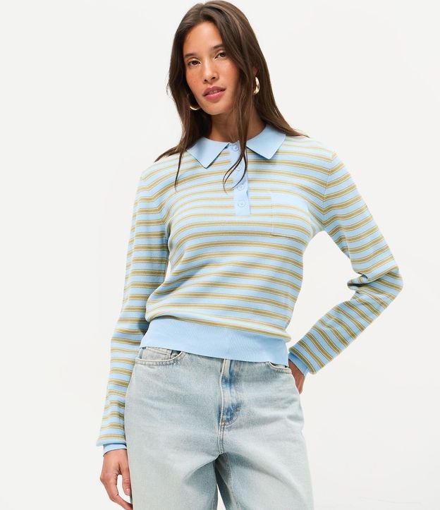 Blusa en Punto Rayada con Cuello Polo y Botones