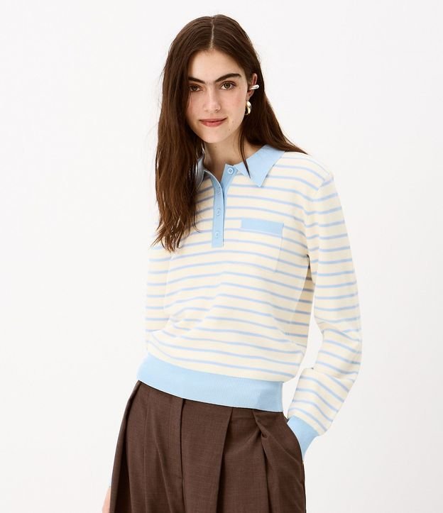 Blusa en Punto Rayada con Cuello Polo y Botones