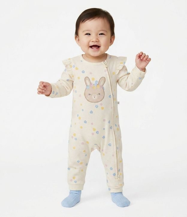 Mono Infantil en Rib con Conejo Bordado y Floral - Talle RN a 18 meses