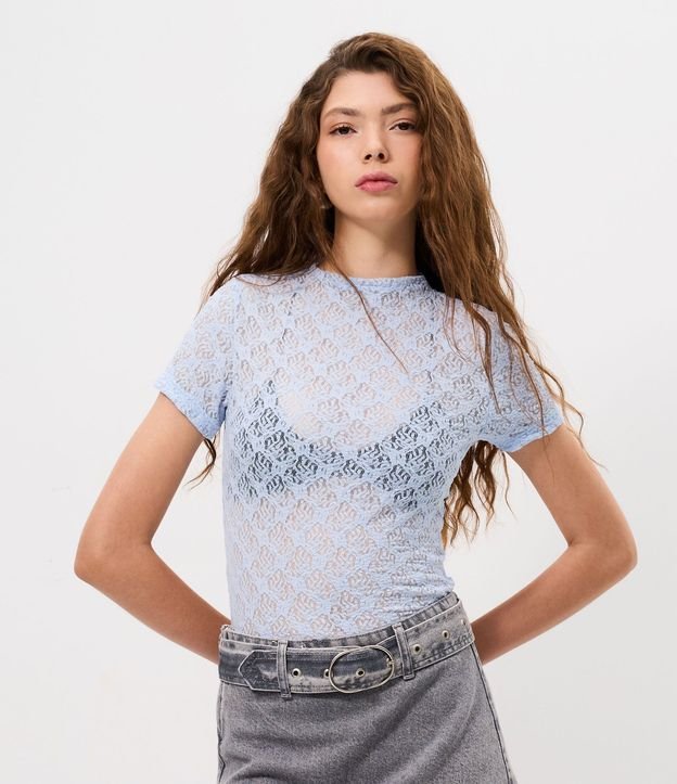 Blusa Manga Corta en Encaje con Textura Floral
