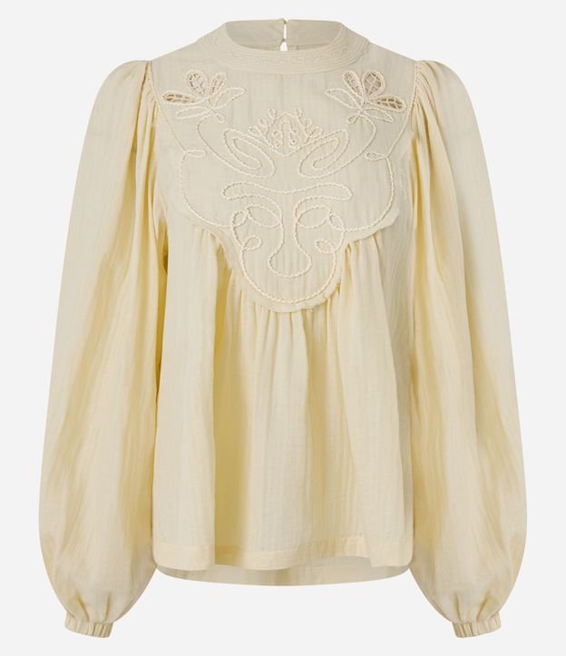 Blusa en Algodón con Mangas Amplias y Aplicación de Bordado