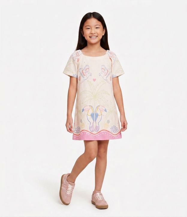 Vestido Infantil en Viscosa con Estampa Tropical de Papagayos – Talle 5 a 16 años