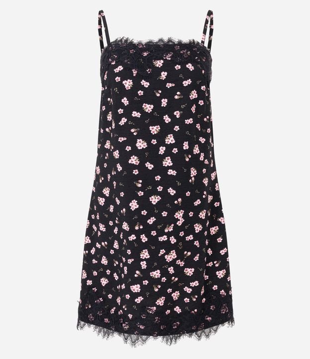Vestido Corto Floral en Viscosa Texturizada con Encaje en el Escote y Bajo 5