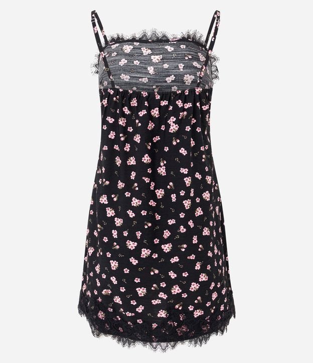 Vestido Corto Floral en Viscosa Texturizada con Encaje en el Escote y Bajo 7