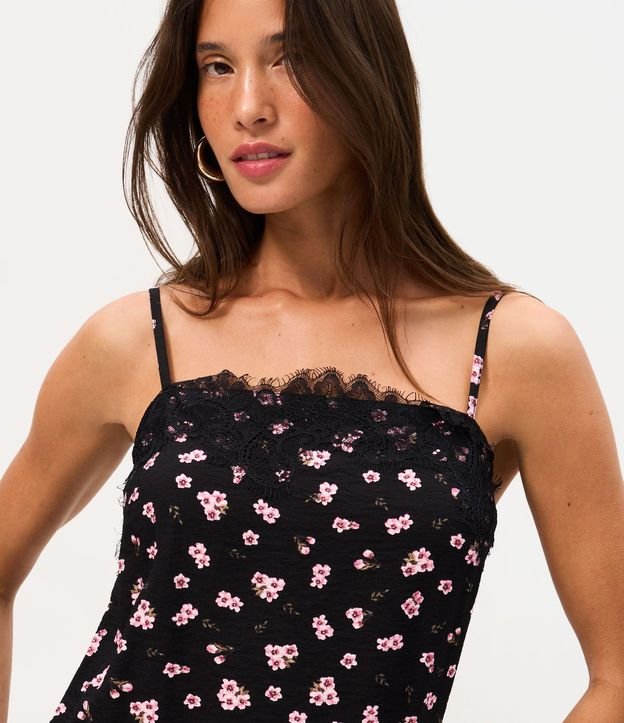 Vestido Corto Floral en Viscosa Texturizada con Encaje en el Escote y Bajo 3