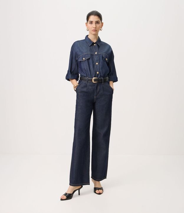 Pantalón de Jean Recta Comfort Sastrería con Pliegues Delanteros