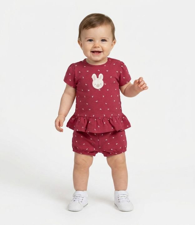 Conjunto en Algodón Bebé Bata y Short con Estampa de Moñitas - Talle 0 a 18 MESES