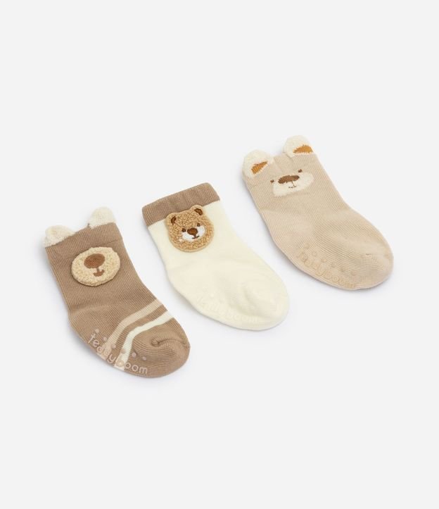 Kit 3 Pares de Medias Bebé en Algodón con Aplique Chenille de Oso - Talle RN a 12 Meses