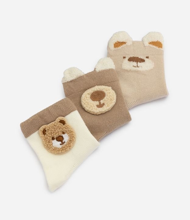 Kit 3 Pares de Medias Bebé en Algodón con Aplique Chenille de Oso - Talle RN a 12 Meses 3
