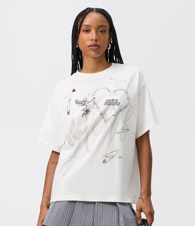 Remera Boxy en Algodón con Estampado de Corazones y Lettering