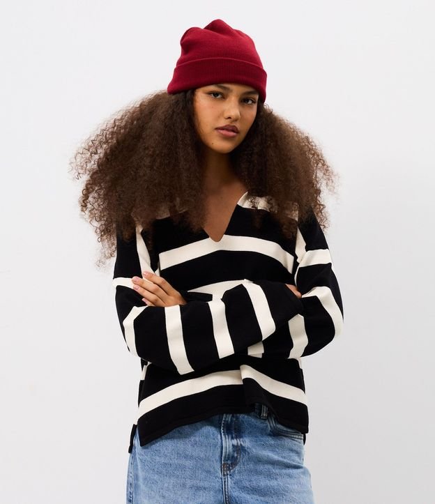 Blusa de Frio en Punto Listrado con Cuello Polo
