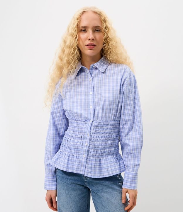 Camisa Acinturada en Tricolina de Cuadros con Fruncidos
