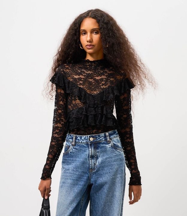 Blusa de Encaje Manga Larga con Volados