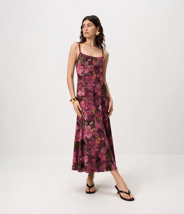 Vestido Midi en Chiffon Floral con Escote Cuadrado