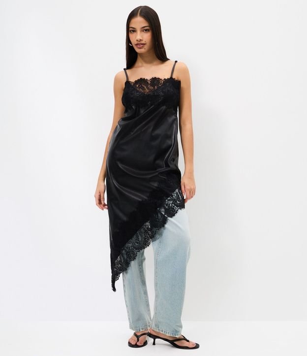 Vestido Midi de Bretel Fino en PU con Detalle en Encaje