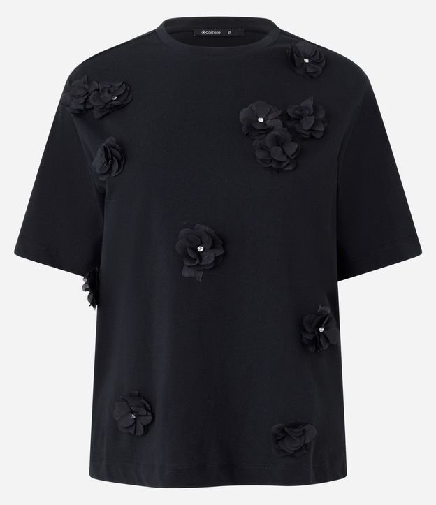 Remera en Algodón con Flores Aplicadas y Detalles Brillantes