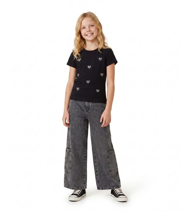 Remera Infantil en Algodón con Aplicación de Corazones en Strass - Talle 5 a 14 años