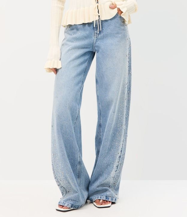 Pantalón Wide Leg en Jeans con Cintura Baja y Brillo Lateral 2