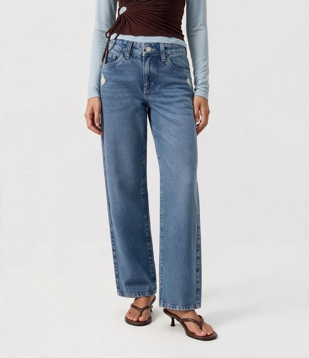 Pantalón Recto Comfort Jeans con Cintura Baja y Desgaste 3