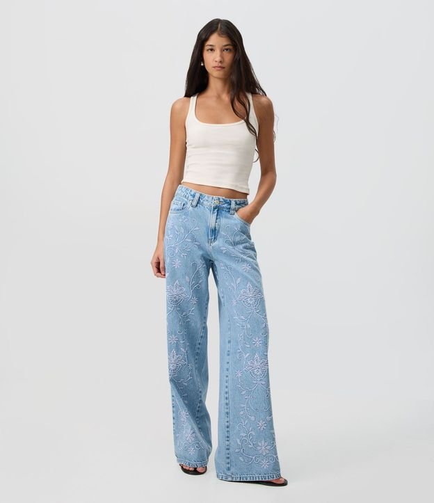 Pantalón Wide Leg Jeans con Cintura Mediana y Bordado Floral 1