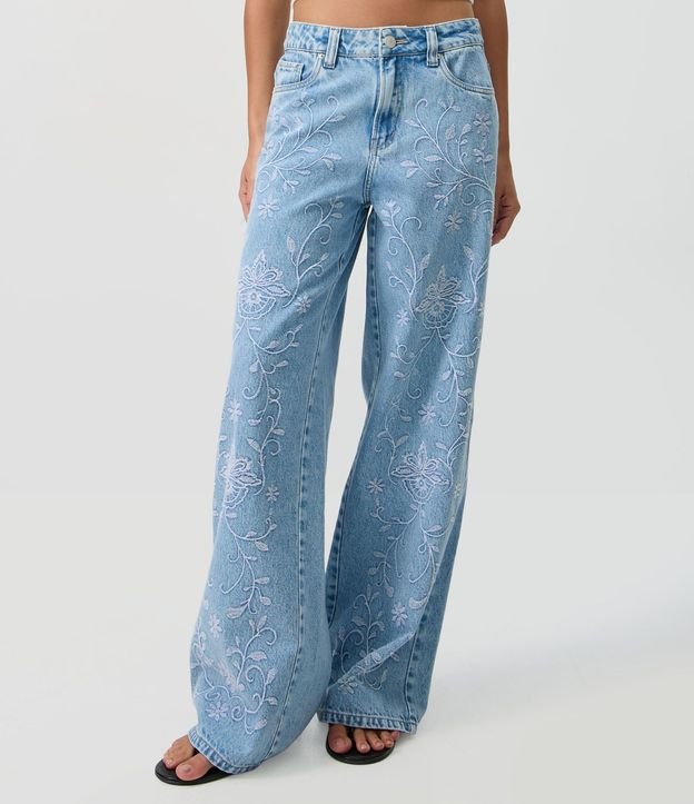 Pantalón Wide Leg Jeans con Cintura Mediana y Bordado Floral 2