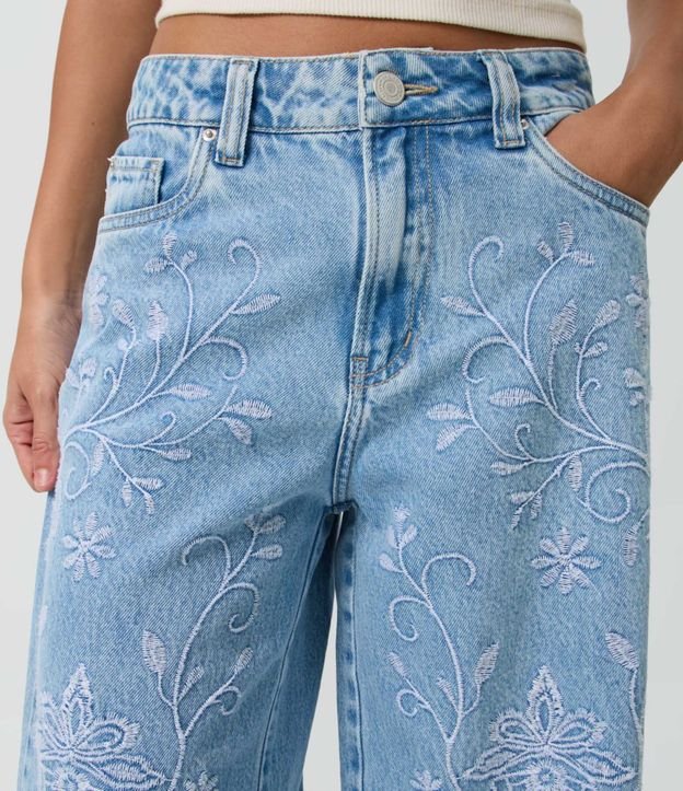 Pantalón Wide Leg Jeans con Cintura Mediana y Bordado Floral 3
